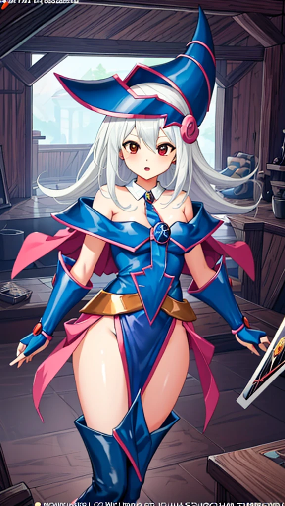 1girl, solo, A dark magician girl floating cutely, magical aura, fantasy background, glowing rune, ( a Yu-Gi-Oh card underneath her), giving a vibe that she was summoned,epic composition, (complex details), (complex design, ultra-details :1.2), Art Station, (Masterpiece, Best Quality), Ultra HD, 32k ,octane render, bioluminescent,8K resolution concept art, realism,by Mappa studios,masterpiece,best quality,official art,illustration,ligne claire,(cool_color),perfect composition,absurdres, fantasy, diagram, red eyes, white hair 