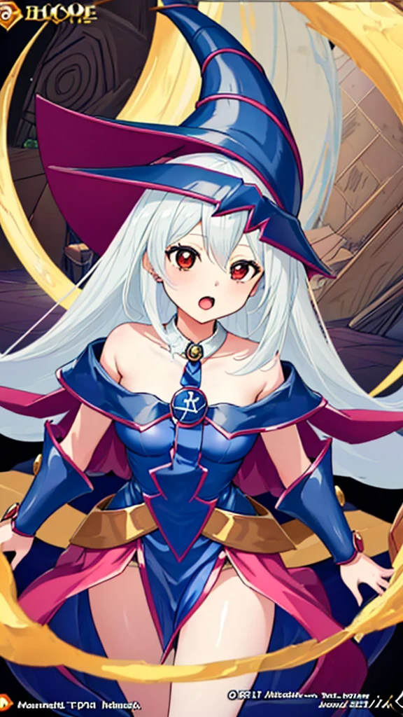 1girl, solo, A dark magician girl floating cutely, magical aura, fantasy background, glowing rune, ( a Yu-Gi-Oh card underneath her), giving a vibe that she was summoned,epic composition, (complex details), (complex design, ultra-details :1.2), Art Station, (Masterpiece, Best Quality), Ultra HD, 32k ,octane render, bioluminescent,8K resolution concept art, realism,by Mappa studios,masterpiece,best quality,official art,illustration,ligne claire,(cool_color),perfect composition,absurdres, fantasy, diagram, red eyes, white hair 