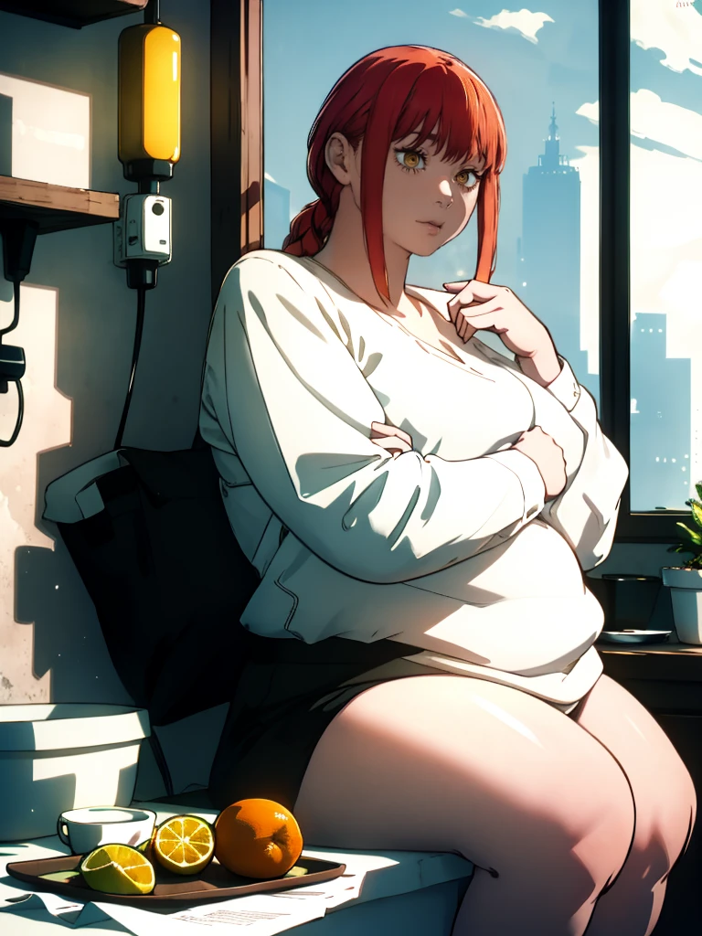 Le personnage Makima de la série animée Chainsaw Man, fragile, obésité morbide, ssbbw, pleine longueur (corps entier 1.1.), fond sombre, obscurité, anatomie correcte 1.1, anatomie correcte de la main, Très féminin, corps gras et rond, grosses Jambes, fesses, beau corps obèse, ventre rond et mou très gras, cheveux roux, Yeux oranges, Cercles rouges pour les écoliers, chemise blanche, jupe noire, cravate noire, pose sexy, réaliste, very détaillé, beau corps, détaillé body, détaillé hands, détaillé, vibrant, détaillé Face, Conception des personnages de Makima. very détaillé, détaillé body, détaillé hands, détaillé Face, Art animé, Hugh Détails, Visage très abattu, détaillé eyes, Illustration ultra fine, Meilleure ombre, détail fin, beautiful détaillé glow, beautiful détaillé, Extraordinairement beau, extremely détaillé, inexpressif, composition épique, Style animé. art animé, Style animé. Jupe noire, chemise blanche, cravatte, pose sexy