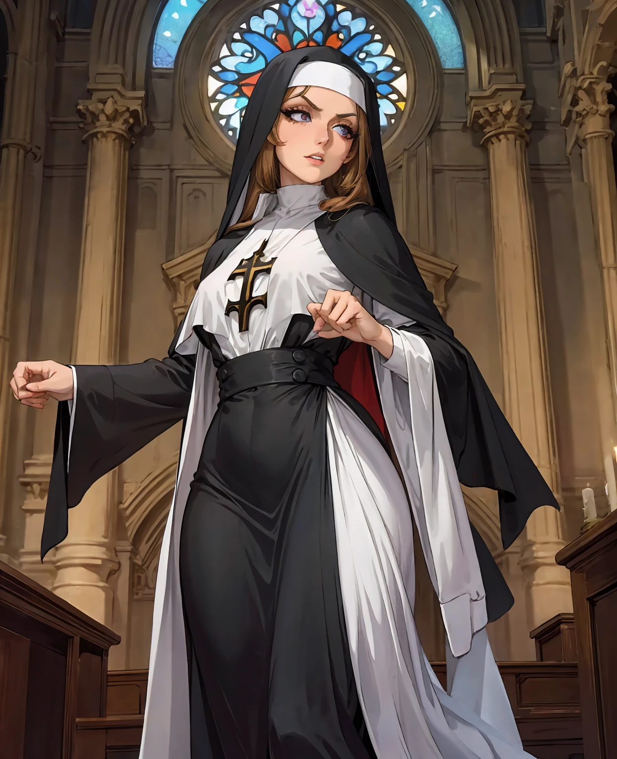 a nun with long brown hair, beautiful detailed eyes, beautiful detailed lips, extremely detailed face, longeyelashes, wearing a black nun habit, standing in a dimly lit cathedral interior, sunlight streaming through stained glass windows, intricate gothic architecture, ornate altar in the background, dramatic chiaroscuro lighting, cinematic composition, digital art, photorealistic, 8k, masterpiece