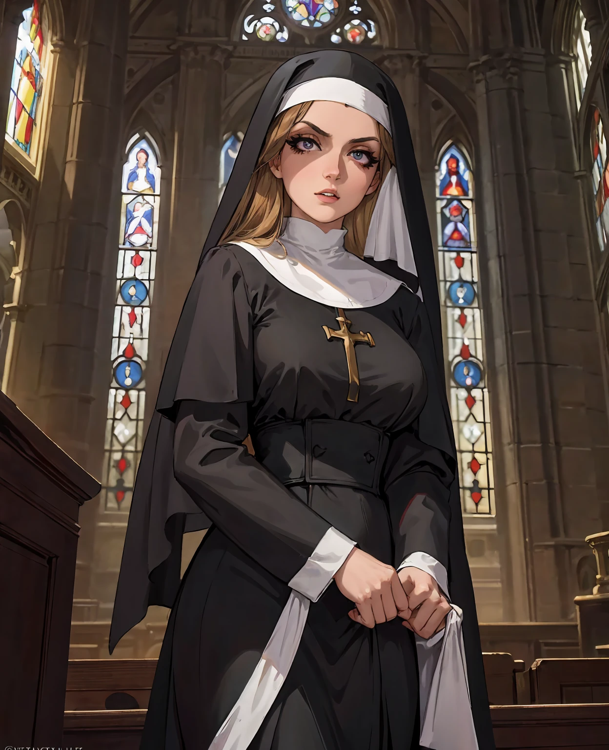 a nun with long brown hair, beautiful detailed eyes, beautiful detailed lips, extremely detailed face, longeyelashes, wearing a black nun habit, standing in a dimly lit cathedral interior, sunlight streaming through stained glass windows, intricate gothic architecture, ornate altar in the background, dramatic chiaroscuro lighting, cinematic composition, digital art, photorealistic, 8k, masterpiece