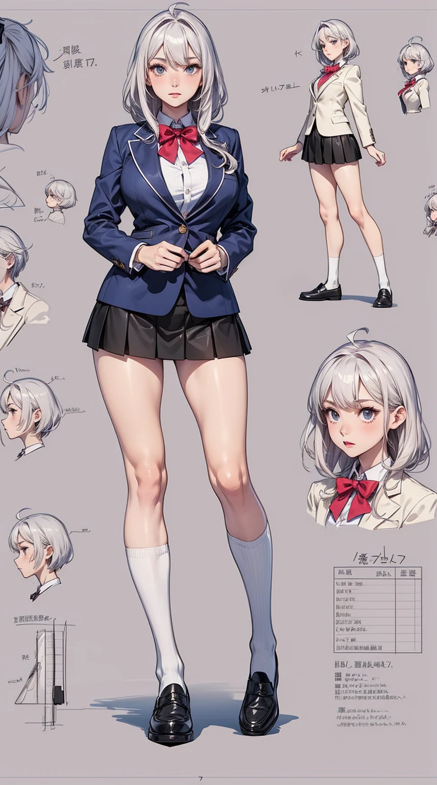 girl, alone, whole body, From head to toe, Are standing, (Huge_chest:1.3),
Character design sheet, Character Reference Sheet, 設計図のSchematic, Drafting, Blueprint, Schematic,
((Character design sheet:1.7, Character Reference Sheet:1.7,)),
anime/cartoon character wearing a girls , 1girl, alone, Thigh-high socks, blazer burezaa (blazer), Ahoge, Long Hair, bow, , shoes, loafers, ribbon, (Very short skirt:1.4),