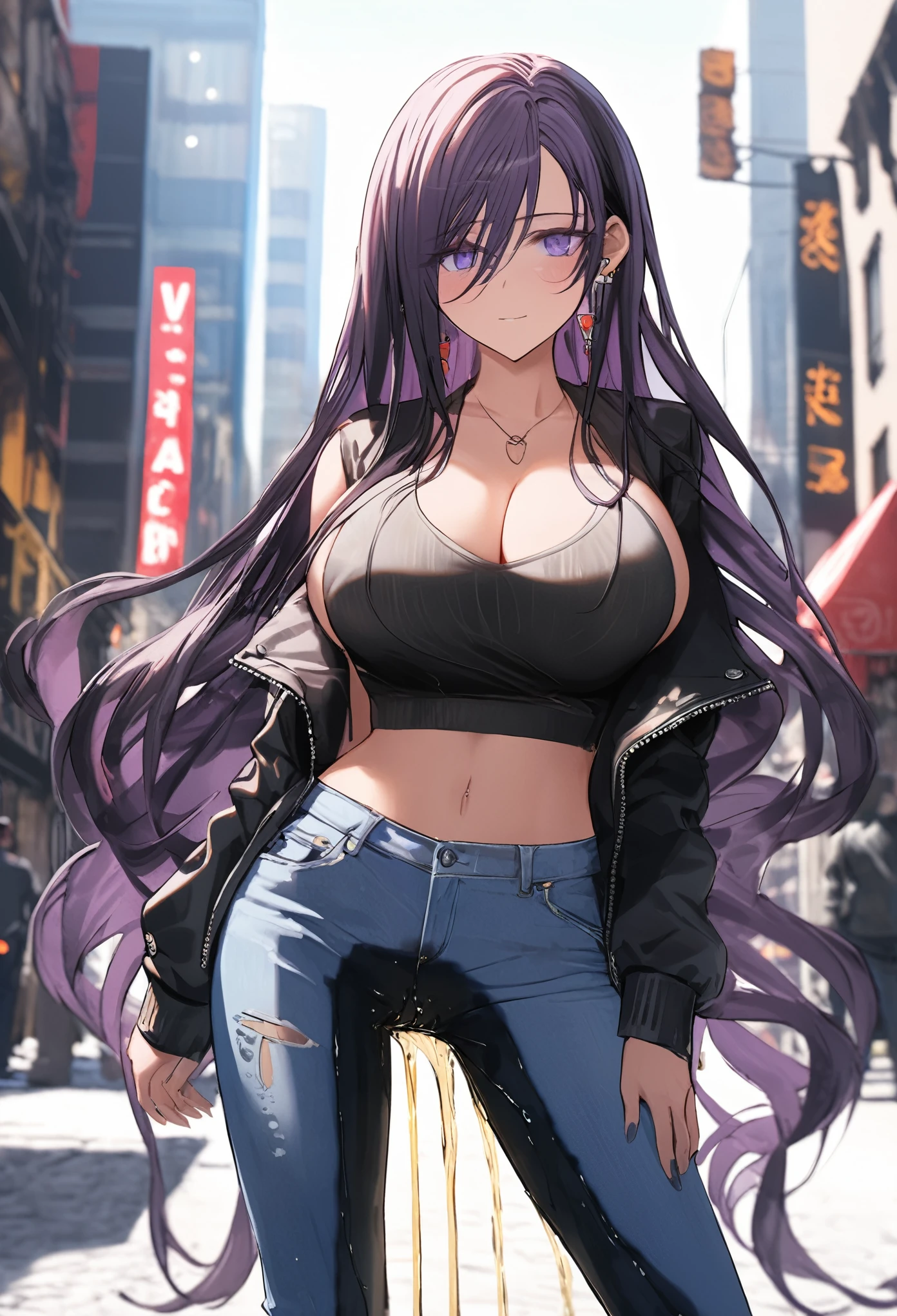 (masterpiece:1.37), best quality, (extremely detailed:1.37), woman, (very long hair:1.5), dark purple hair, purple eyes, (extremely detailed eyes:1.37), (wetting self:1.25), large breasts, stylish jacket, multicolored jackt, jeans, cleavage, navel, city, high-tech, street, full body