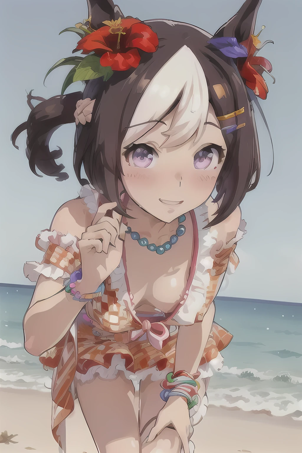 nsfw, ultra detail nipple, masterpiece, colorful, special_week_\(umamusume\), Checkered Bikini, Bikini Skirt, necklace, jewelry, Hair Flowers, red Hair Flowers, hibiscus, Hair Clip, bracelet, View your viewers, smile, blush, Horse tail, (Leaning forward:1.5), Are standing, Beach, sunlight, wood