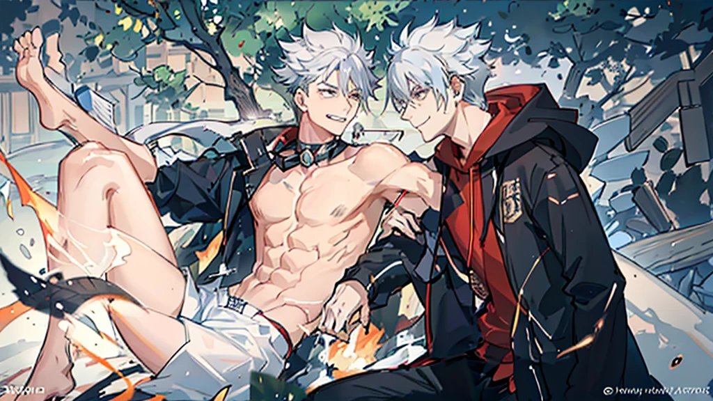 Perfect anatomy and highly detailed face, Delicate depiction of the eyes, Accurate drawing, Beautiful Hair, Detailed Background, Edgy, Depiction of one human male in combat. Subjects must be men in their late 20s only., Red hoodie and black pants, Warm, loose-fitting clothing, , A casual fashion style where you wrap your jacket around your waist, Tanned or deep brown skin, Her distinctive white or silver hair is tied in a short ponytail., He wears his distinctive trademark thick black-rimmed glasses., Mafia with a cynical smile, A Villain with a Very Deep Wound, A sarcastic man with a malicious smile, A young man with narrowed eyes smiling, I have inner loneliness, Deep down, I feel like life is hard, Jealousy and envy towards successful people, The insight and resignation that come from hard work and failure, Perverse Desperation, The scene of a large-scale indiscriminate terrorist attack, Burning and collapsing building,