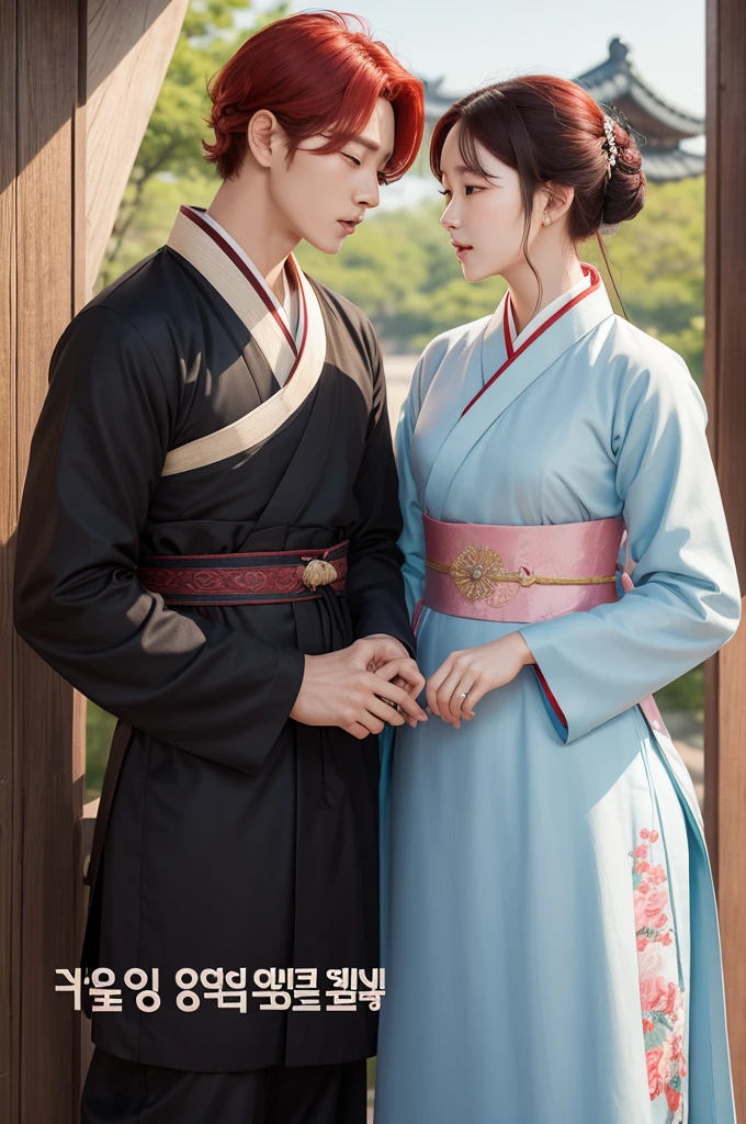 Romance book cover featuring a Korean couple in the Joseon era of Hanbok, romantic, the woman has red hair and the man has black hair, The man looks a lot like Jungkook from BTS