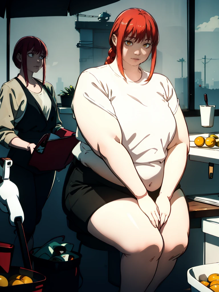 Le personnage Makima de la série animée Chainsaw Man, fragile, obésité morbide, ssbbw, pleine longueur (corps entier 1.1.), fond sombre, obscurité, anatomie correcte 1.1, anatomie correcte de la main, Très féminin, corps gras et rond, grosses Jambes, fesses, beau corps obèse, ventre rond et mou très gras, cheveux roux, Yeux oranges, Cercles rouges pour les écoliers, chemise blanche, jupe noire, cravate noire, pose sexy, réaliste, very détaillé, beau corps, détaillé body, détaillé hands, détaillé, vibrant, détaillé Face, Conception des personnages de Makima. very détaillé, détaillé body, détaillé hands, détaillé Face, Art animé, Hugh Détails, Visage très abattu, détaillé eyes, Illustration ultra fine, Meilleure ombre, détail fin, beautiful détaillé glow, beautiful détaillé, Extraordinairement beau, extremely détaillé, inexpressif, composition épique, Style animé. art animé, Style animé. Jupe noire, chemise blanche, cravatte, pose sexy