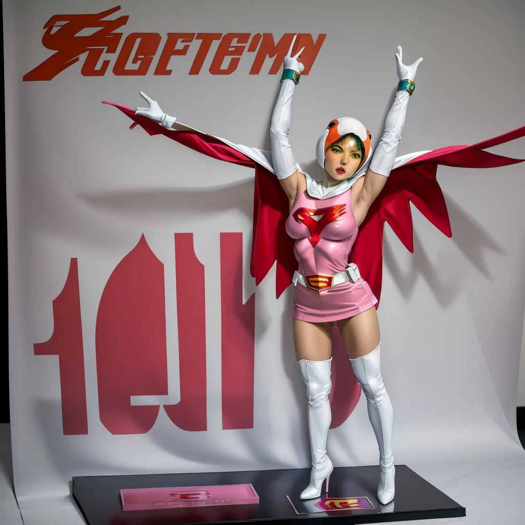 ANI_CLASSIC_jun_gatchaman_ownwaifu,1girl, 15 years old,good anatomy, masterpiece, best quality,realistic, hyperrealistic, 16k hdr,breasts,green eyes,lips,large breasts,lipstick,makeup,gloves,cape,helmet,belt,elbow gloves,white gloves,mask,ultra miniskirt,leotard,spacesuit,white tight overknee highheels boots,pink dress,superhero,bodysuit,cleavage,erected nipples,((standing pose,spread legs, arms up straight)),cameltoe