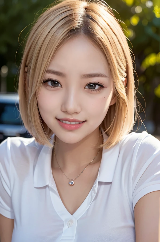 Realistic, masterpiece, Highest quality, Blank Background, Fill the frame from head to waist, (1girl:1.3), (Beautiful eyes drawn in detail, Long, narrow eyes, Dark Eyes), (Thin eyebrows), (Delicate eyelashes, Long eyelashes, Eyelash extensions), (Hidden eyelid wrinkles:1.3), (Make-up for a date:1.2), (Blonde, short hair, middle part:1.3), Smiling happily with eyes closed, I can see some teeth, white nike polo shirt, White cap
