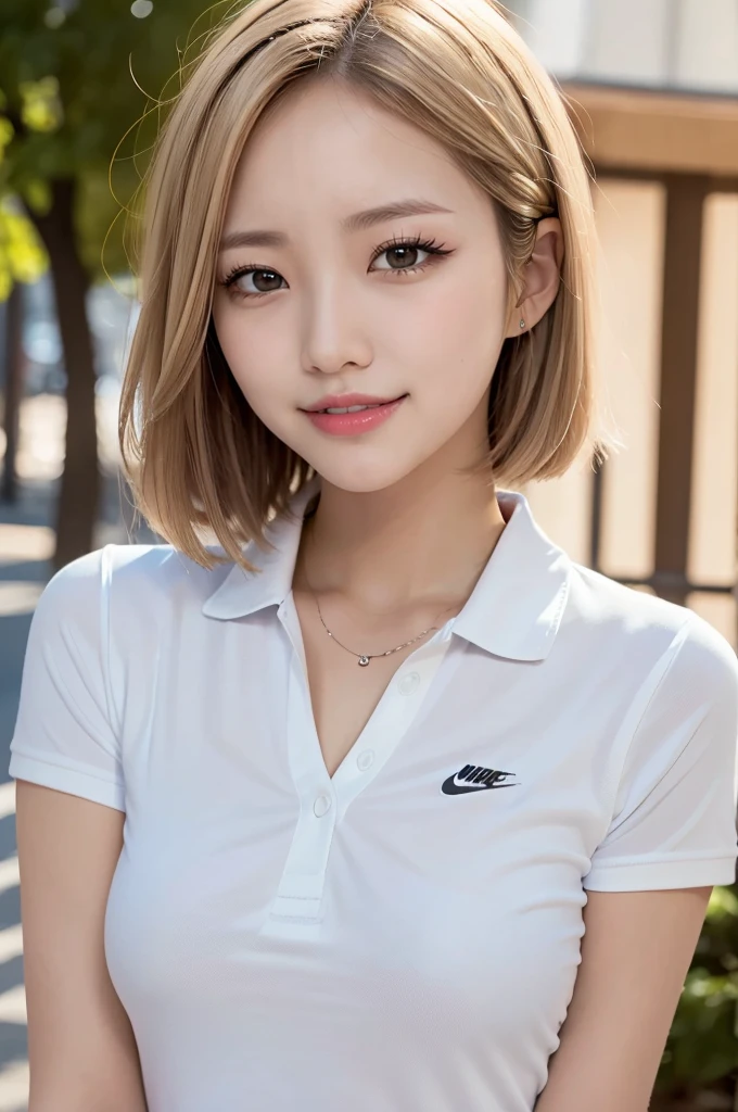 Realistic, masterpiece, Highest quality, Blank Background, Fill the frame from head to waist, (1girl:1.3),  (Beautiful eyes drawn in detail, Long, narrow eyes, Dark Eyes), (Thin eyebrows), (Delicate eyelashes, Long eyelashes, Eyelash extensions), (Hidden eyelid wrinkles:1.3), (Make-up for a date:1.2), (Blonde, short hair, middle part:1.3), Smiling happily with eyes closed, I can see some teeth, white nike polo shirt, White cap