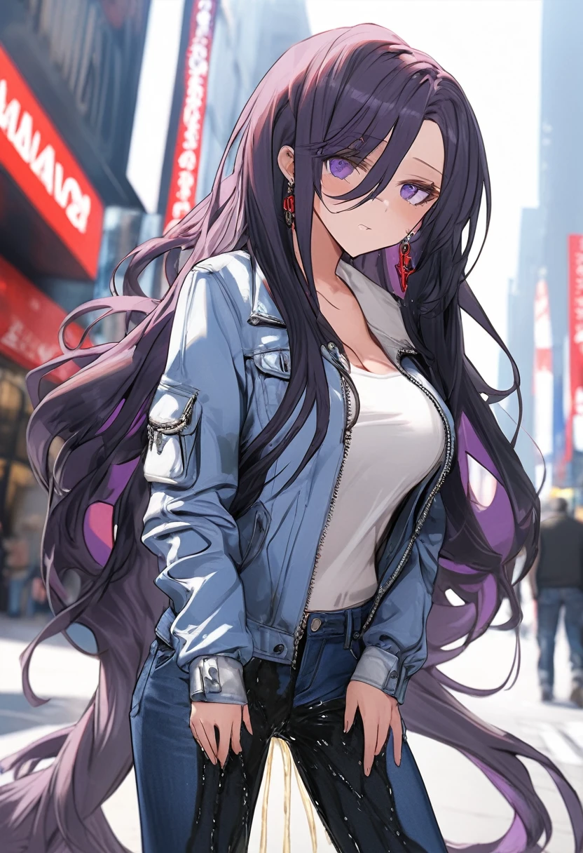 (masterpiece:1.37), best quality, (extremely detailed:1.37), woman, (very long hair:1.5), dark purple hair, purple eyes, (extremely detailed eyes:1.37), (wetting self:1.25), large breasts, stylish jacket, multicolored jacket, jeans, city, high-tech, street, full body