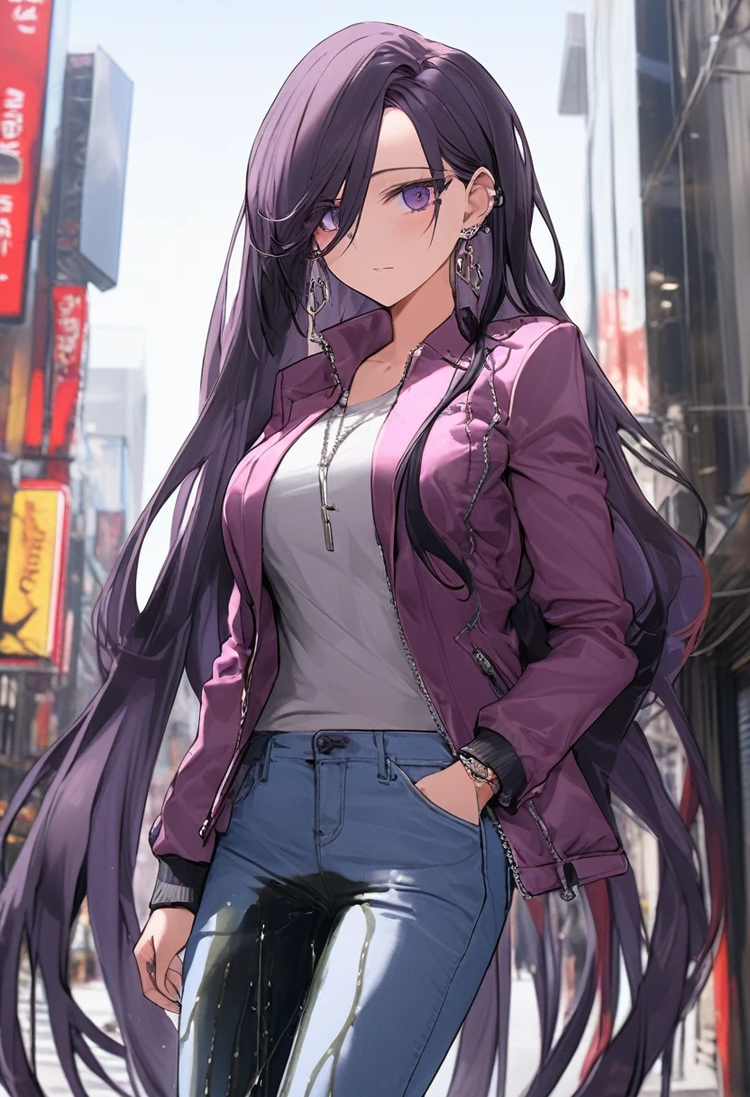 (masterpiece:1.37), best quality, (extremely detailed:1.37), woman, (very long hair:1.5), dark purple hair, purple eyes, (extremely detailed eyes:1.37), (wetting self:1.25), large breasts, stylish jacket, multicolored jackt, jeans, cleavage, navel, city, high-tech, street