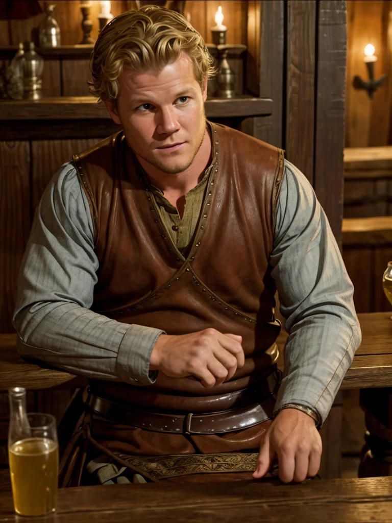 Christopher Egan as a handsome medieval knight sits at a table in a tavern, in front of him is a fat, obsequious innkeeper