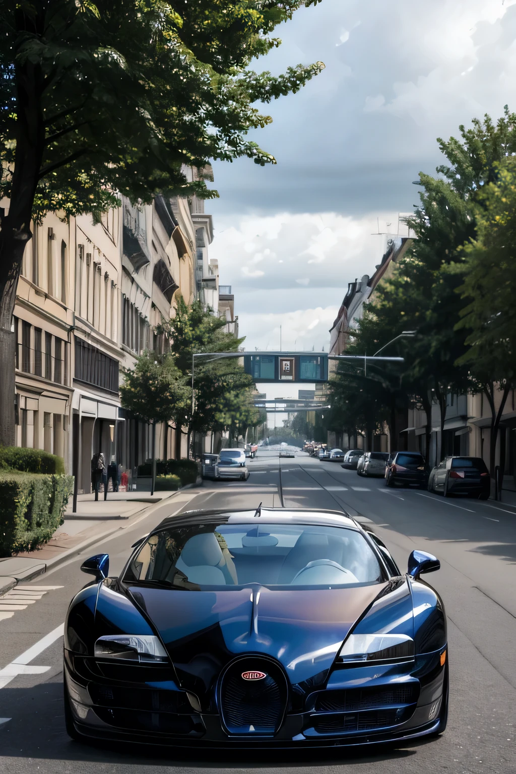 realisitic, Bugatti Veyron, parked, citys, buildings, trees and a cloudy sky