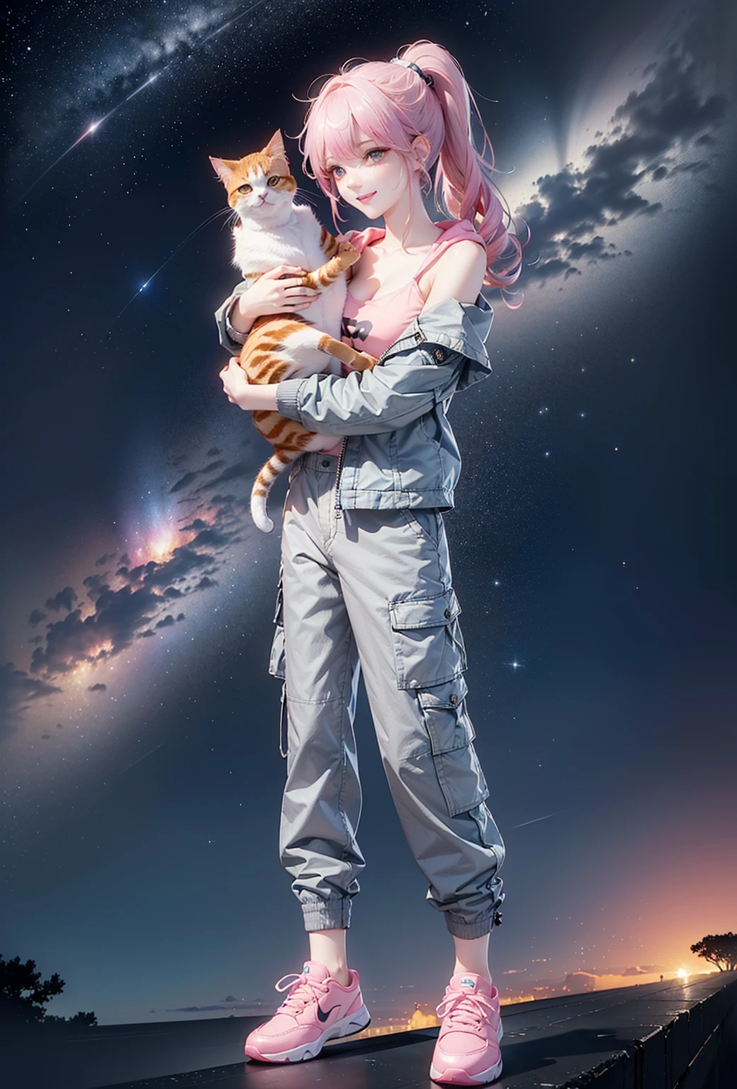 (((Holding a cute orange short-legged cat in both hands，Correct anatomy)))，((Highest quality，masterpiece，Full frontal view of a super mature and tall beauty，Air bangs，Blue gray high ponytail super long straight hair，Slightly curly hair on double sideburns，Hair ends curled in，Gray and pink short T-shirt，Light blue denim gray hooded jacket，Black and gray long and wide cargo pants，pink and white sneakers，Expose clavicle shoulder))，((Mature and sexy，Smile slightly，Look at the camera head-on))，starry sky galaxy background
