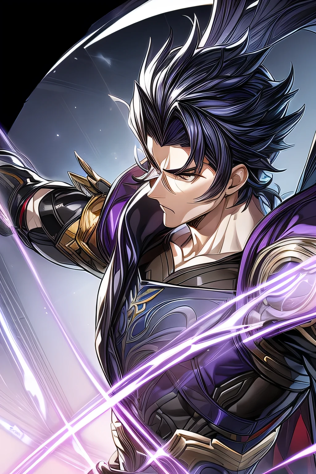 (Simple white background, Genshin Impact muscular male character,rosto perfeito , unique character, serious appearance, black suite, short, wavy and black hair, slicked back, goatee, visual novel, detailed black armor, high quality, cinematic, pose de poder, details, vibrant colors, masterpiece, Genshin Impact, purple jewel on a golden coat of arms