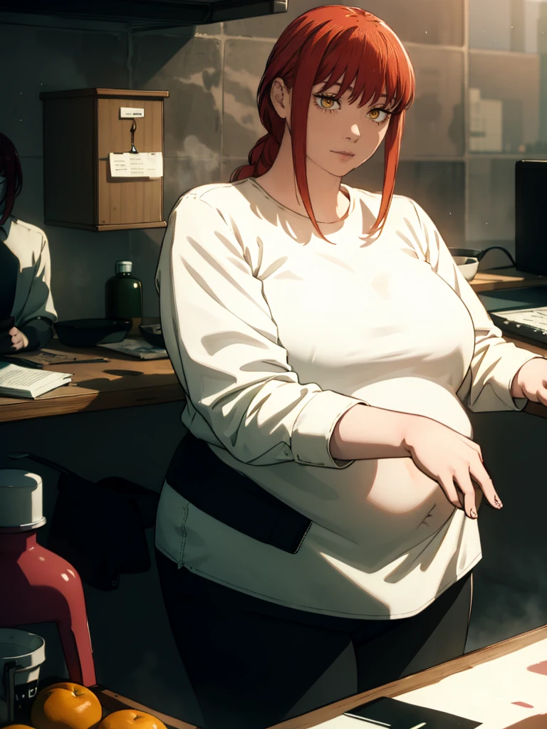Le personnage Makima de la série animée Chainsaw Man, fragile, obésité morbide, ssbbw, pleine longueur (corps entier 1.1.), fond sombre, obscurité, anatomie correcte 1.1, anatomie correcte de la main, Très féminin, corps gras et rond, grosses Jambes, fesses, beau corps obèse, ventre rond et mou très gras, ventre visible, cheveux roux, Yeux oranges, Cercles rouges pour les écoliers, chemise blanche, jupe noire, cravate noire, pose sexy, réaliste, very détaillé, beau corps, détaillé body, détaillé hands, détaillé, vibrant, détaillé Face, Conception des personnages de Makima. very détaillé, détaillé body, détaillé hands, détaillé Face, Art animé, Hugh Détails, Visage très abattu, détaillé eyes, Illustration ultra fine, Meilleure ombre, détail fin, beautiful détaillé glow, beautiful détaillé, Extraordinairement beau, extremely détaillé, inexpressif, composition épique, Style animé. art animé, Style animé. Jupe noire, chemise blanche, cravatte, pose sexy