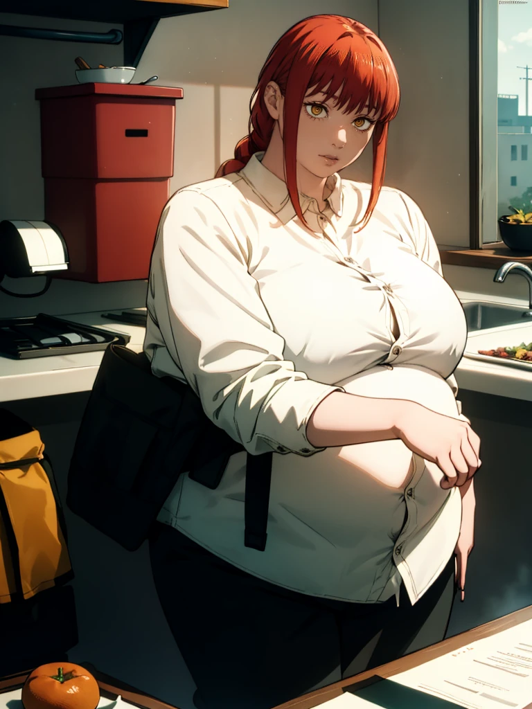 Le personnage Makima de la série animée Chainsaw Man, fragile, obésité morbide, ssbbw, pleine longueur (corps entier 1.1.), fond sombre, obscurité, anatomie correcte 1.1, anatomie correcte de la main, Très féminin, corps gras et rond, grosses Jambes, fesses, beau corps obèse, ventre rond et mou très gras, ventre visible, cheveux roux, Yeux oranges, Cercles rouges pour les écoliers, chemise blanche, jupe noire, cravate noire, pose sexy, réaliste, very détaillé, beau corps, détaillé body, détaillé hands, détaillé, vibrant, détaillé Face, Conception des personnages de Makima. very détaillé, détaillé body, détaillé hands, détaillé Face, Art animé, Hugh Détails, Visage très abattu, détaillé eyes, Illustration ultra fine, Meilleure ombre, détail fin, beautiful détaillé glow, beautiful détaillé, Extraordinairement beau, extremely détaillé, inexpressif, composition épique, Style animé. art animé, Style animé. Jupe noire, chemise blanche, cravatte, pose sexy