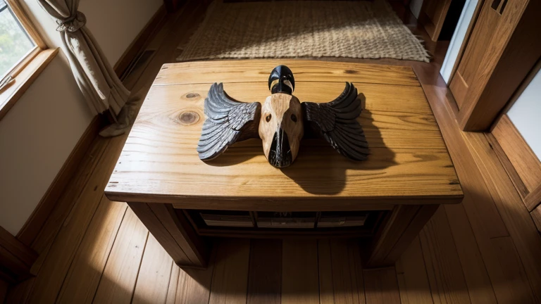 Topdown view of a wooden altar resembling a big, bone and wood crow figurine. Finely done and fully encompassing the ground floor of a tree.
