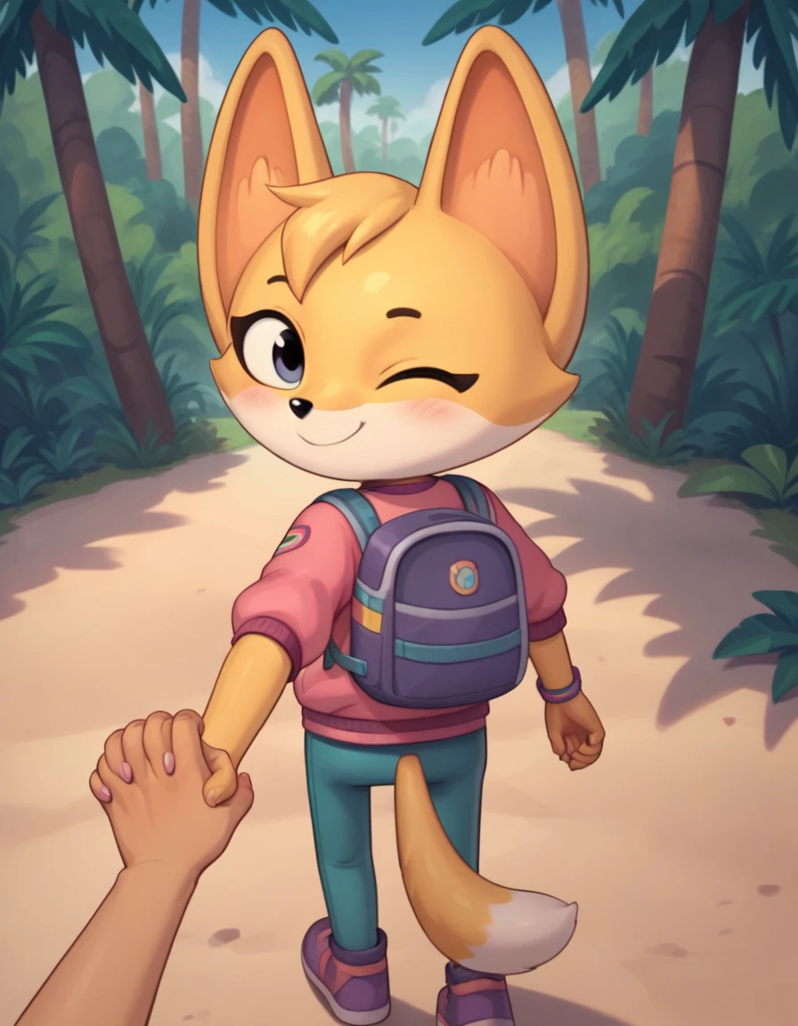 score_9, score_8_up, score_7_up, score_6_up, score_5_up, score_4_up, kit casey, fox, anthro, female, furry, blush, looking back, looking at viewer, pink jacket, backpack, one eye closed, wink, winking, smile, standing, jungle, outdoors, detailed background, walking, first person view, rear view, from behind, reaching back, reaching behind, handholding, human pov, high angle view, high angle shot