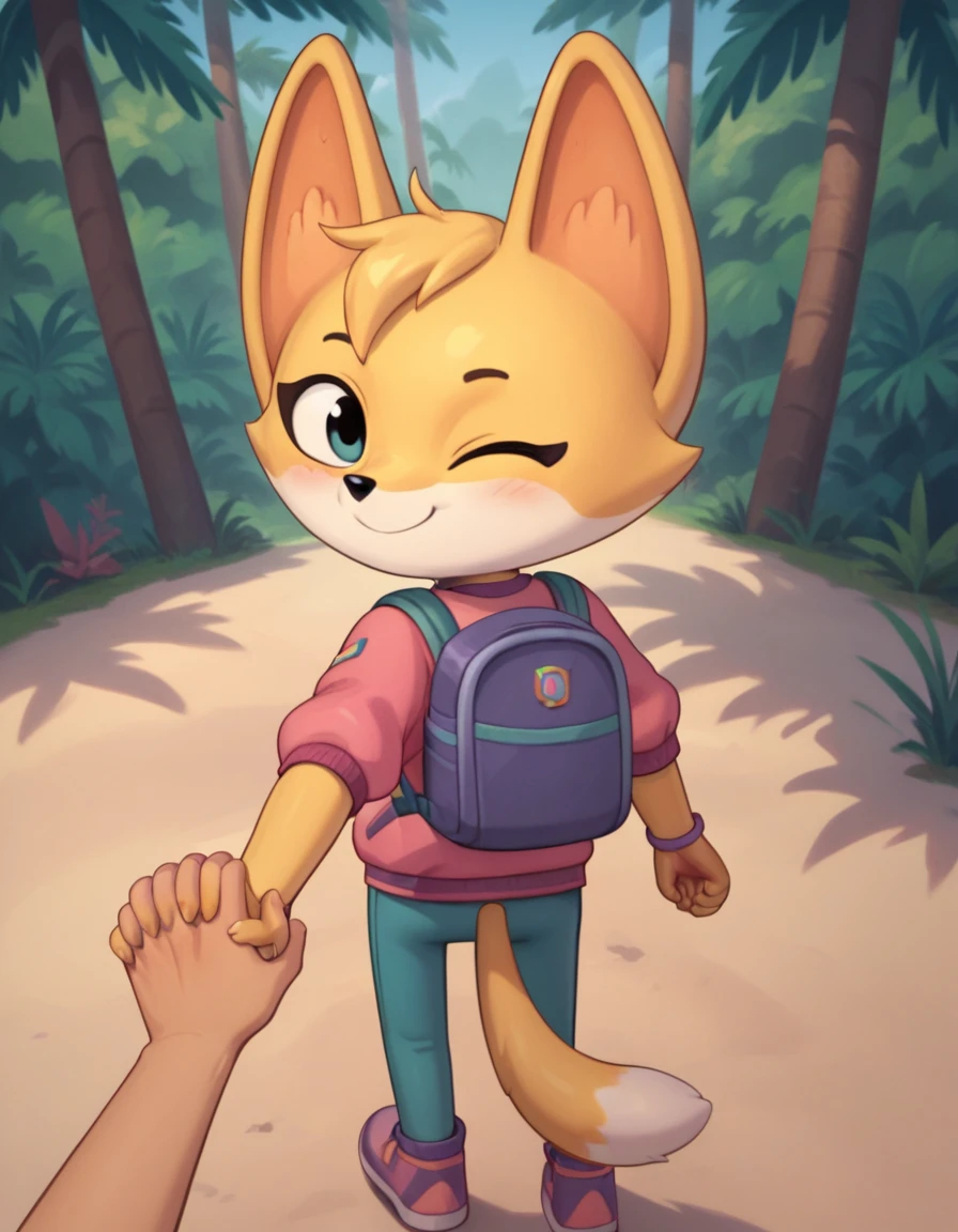 score_9, score_8_up, score_7_up, score_6_up, score_5_up, score_4_up, kit casey, fox, anthro, female, furry, blush, looking back, looking at viewer, pink jacket, backpack, one eye closed, wink, winking, smile, standing, jungle, outdoors, detailed background, walking, first person view, rear view, from behind, reaching back, reaching behind, handholding, human pov, high angle view, high angle shot