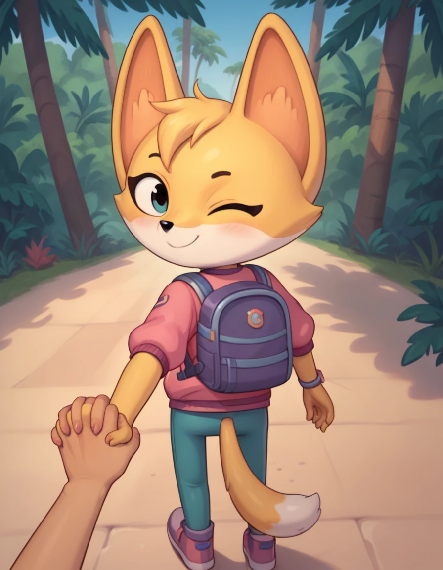 score_9, score_8_up, score_7_up, score_6_up, score_5_up, score_4_up, kit casey, fox, anthro, female, furry, blush, looking back, looking at viewer, pink jacket, backpack, one eye closed, wink, winking, smile, standing, jungle, outdoors, detailed background, walking, first person view, rear view, from behind, reaching back, reaching behind, handholding, human pov, high angle view, high angle shot