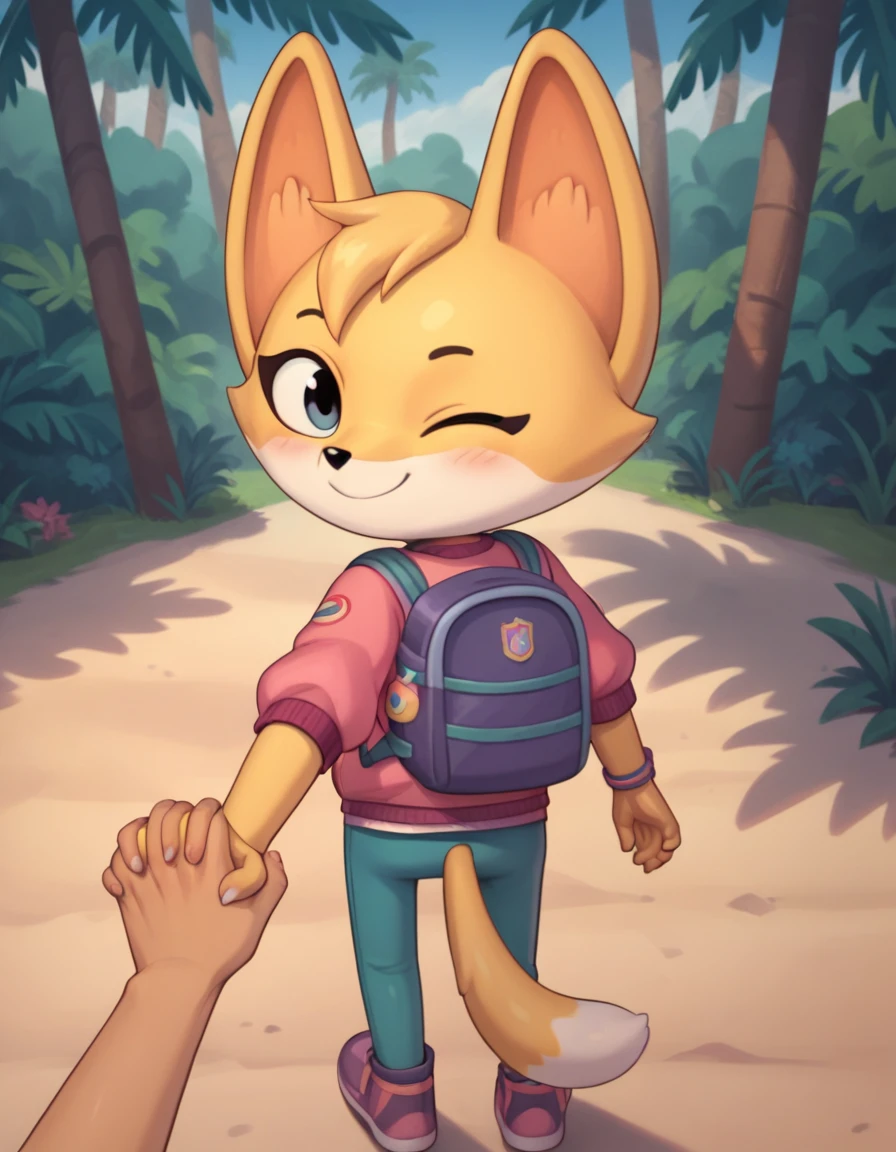 score_9, score_8_up, score_7_up, score_6_up, score_5_up, score_4_up, kit casey, fox, anthro, female, furry, blush, looking back, looking at viewer, pink jacket, backpack, one eye closed, wink, winking, smile, standing, jungle, outdoors, detailed background, walking, first person view, rear view, from behind, reaching back, reaching behind, handholding, human pov, high angle view, high angle shot