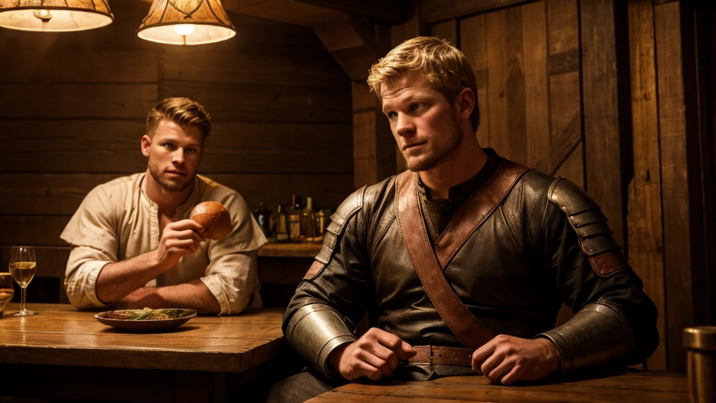 Christopher Egan as a handsome medieval knight sits at a table in a tavern, in front of him is a fat, obsequious innkeeper