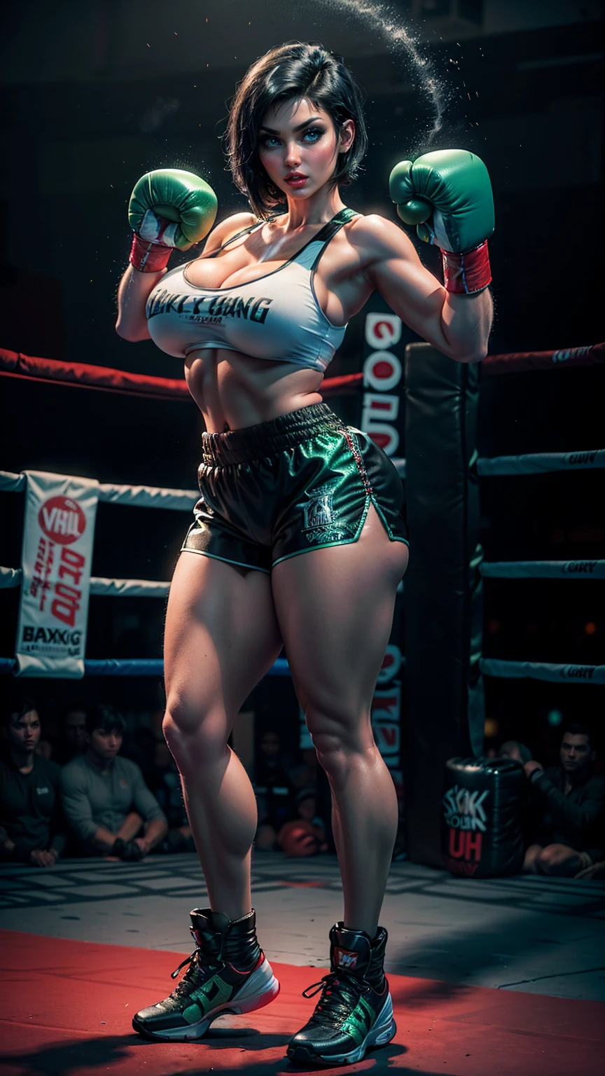 (8k, RAW Photos, Best Quality, Masterpiece: 1.2), High Definition RAW Color Photos, Professional Photography,(Masterpiece: 1.5), (Best Quality: 1.2), (Cleavage: 1.2)), Slender and Beautiful Japan Girl, (((topless))), ((Large-breasted)), (((boxing gloves))), (full_body), ((sixpack abs)), ((nsfw)), 1girl, huge breast, boxing ring,realistic,1girl,solo