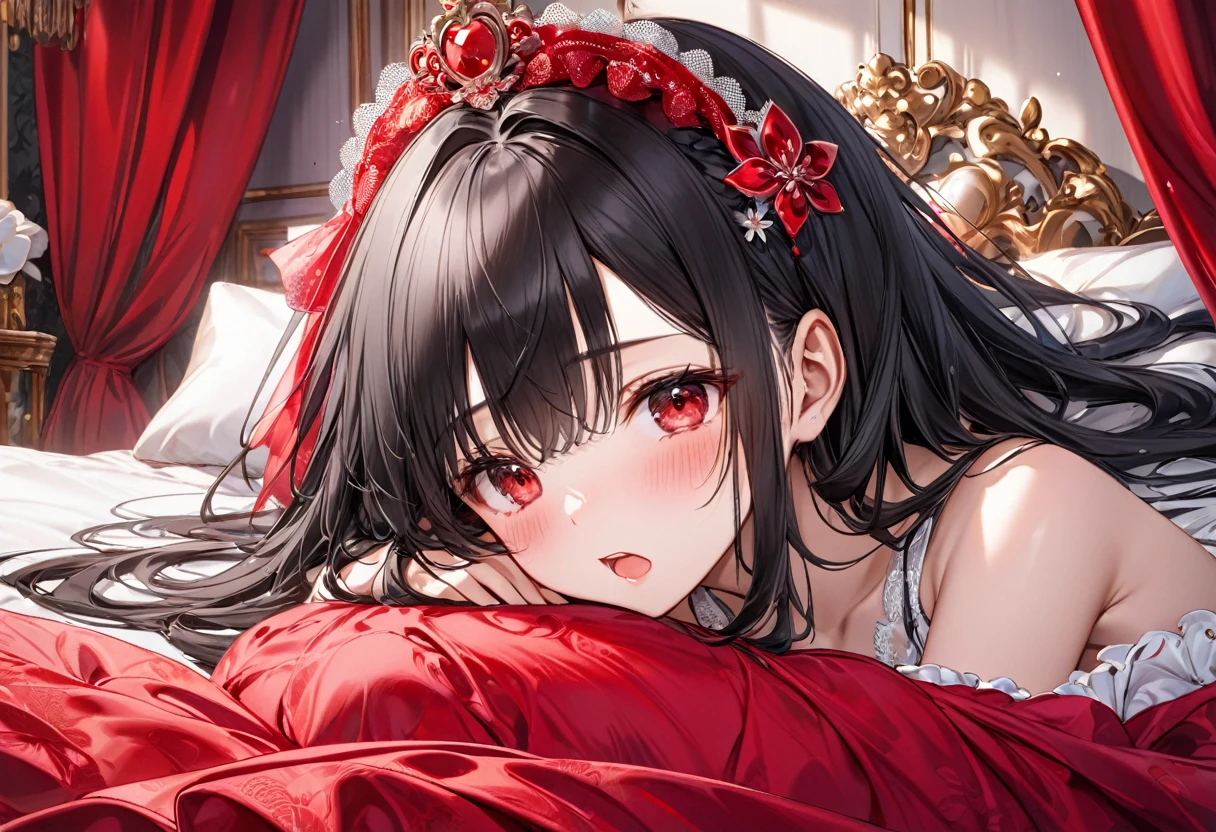 (sleepy style), (solo:2, 18 yo straight black hair long hair cool dominance girl, sleepy red eyes, cute open mouth, glossy lips, tears), in a detailed red silky negligee, break, in THE Royal bedroom, BREAK, perfect anatomy, masterpiece, best quality, 16k, beautiful detailed grow, daydreaming expression.