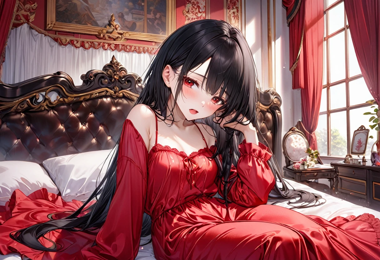 (sleepy style), (solo:2, 18 yo straight black hair long hair cool dominance girl, sleepy red eyes, cute open mouth, glossy lips, tears), in a detailed red silky negligee, break, in THE Royal bedroom, BREAK, perfect anatomy, masterpiece, best quality, 16k, beautiful detailed grow, daydreaming expression.
