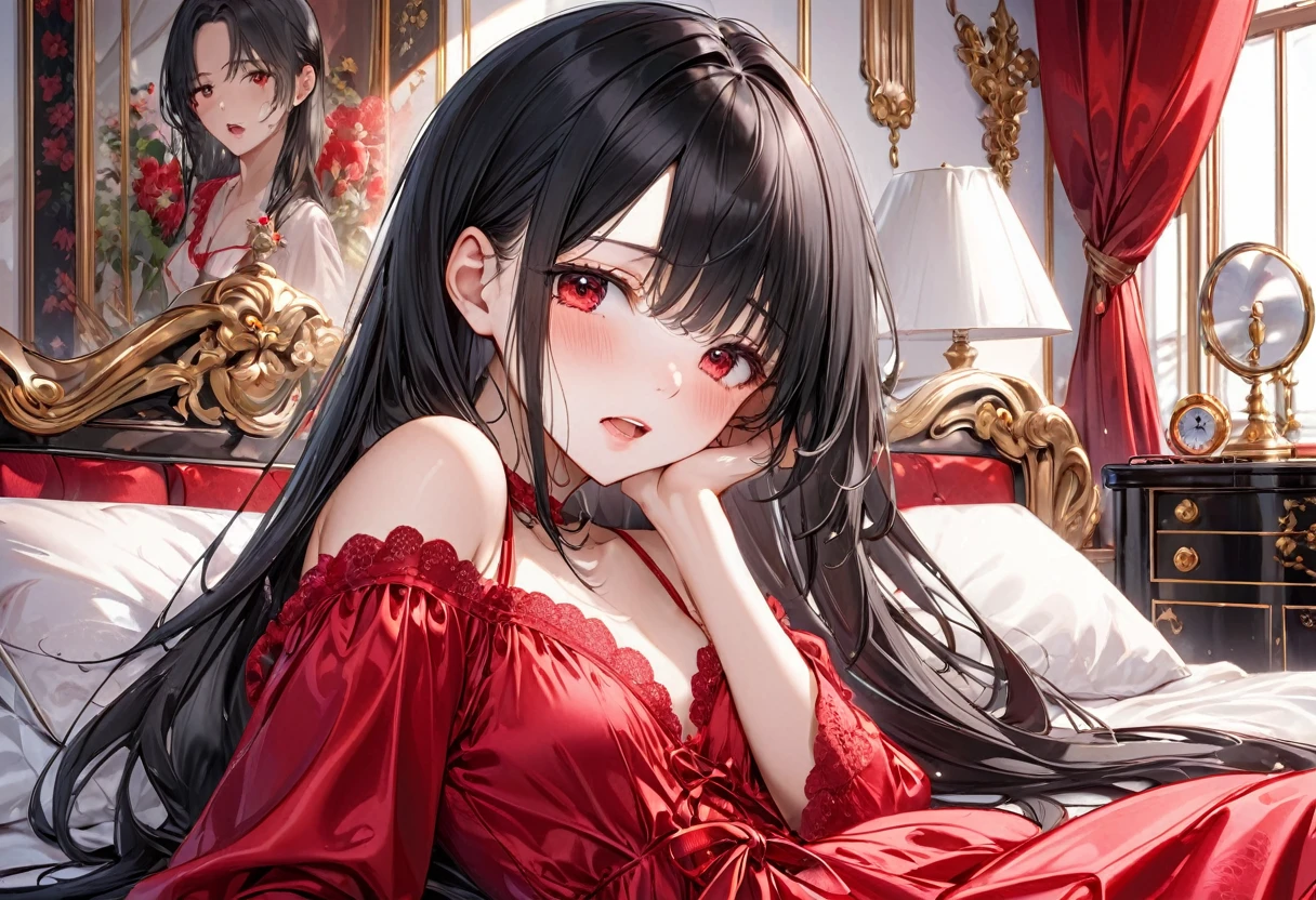 (sleepy style), (solo:2, 18 yo straight black hair long hair cool dominance girl, sleepy red eyes, cute open mouth, glossy lips, tears), in a detailed red silky negligee, break, in THE Royal bedroom, BREAK, perfect anatomy, masterpiece, best quality, 16k, beautiful detailed grow, daydreaming expression.