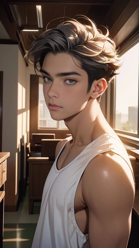 8K, Highest quality, masterpiece, Ultra-high resolution, study room, 1 male, male face, sanpak eyes, looking at viewer, looking up, natural pose, short hair, wavy hair, shiny hair, gray hair, Tank top