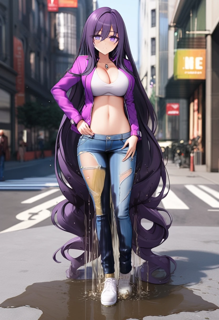 (masterpiece:1.37), best quality, (extremely detailed:1.37), woman, (very long hair:1.5), dark purple hair, purple eyes, (extremely detailed eyes:1.37), (wetting self:1.25), large breasts, stylish jacket, multicolored jackt, jeans, cleavage, navel, city, high-tech, street, full body