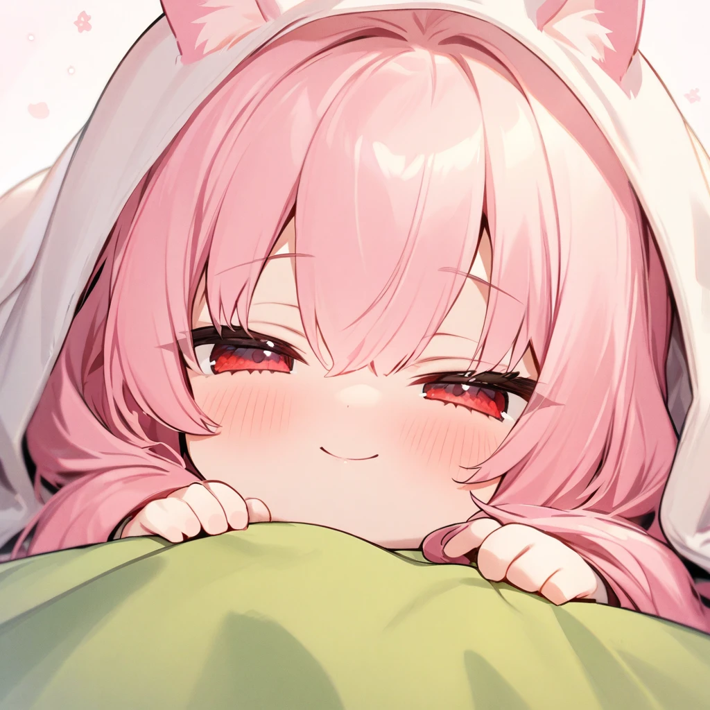 Rump Top quality, masterpiece, chibi character, pink hair, animal ears girl,red eyes,close-up,sleep,Prone,Cover yourself with a blanket,(Close ~ eyes),smile