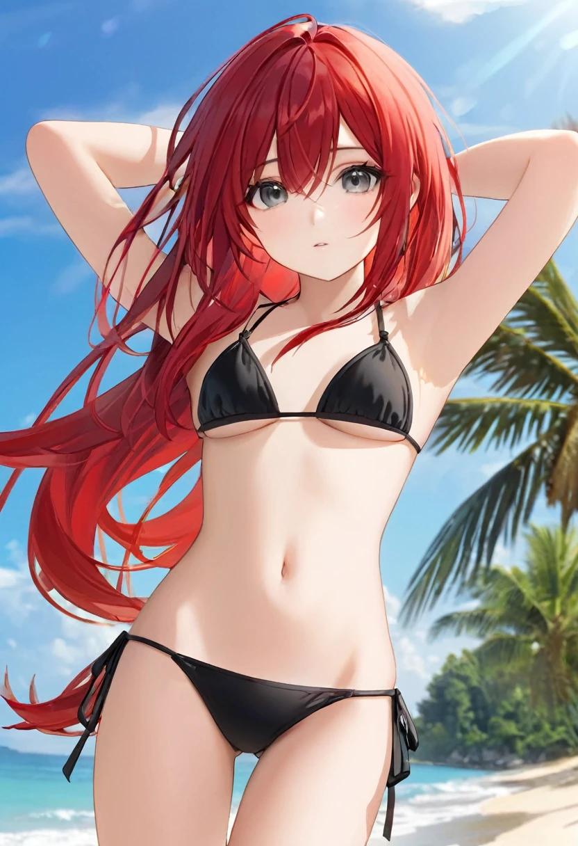 More beautiful with a black bikini, little long red hair and a small strand overhanging gray eyes. 