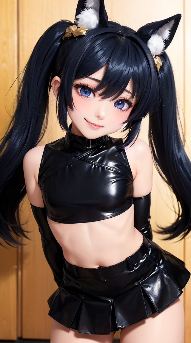 (masterpiece:1.3), (Best Quality:1.3), (Ultra-detailed:1.2), ((kawaii)), Cute, (lovely), ((sexy)), ((Extremely detailed)), 4K, (8K), Best Quality, (Beautiful), Illustration, anime style, (bold line:1.2), Gradation, looking at viewer, //, (bent down:1.1), (arms behind back), //, a cute girl, 1girl, (solo:1.2), gleaming skin, //, (flat chested), (Perfect eyes:1.2), (Perfect iris:1.2), //, darkblue hair color, (beautiful eyes) //, (half closed eyes:1.3), (sexual expression:1.2), Fascinated expression, smile, (blush:1.2), //, modern city background, on rock, twin tails, muscle girl, hard abs, exposed abs, skirt