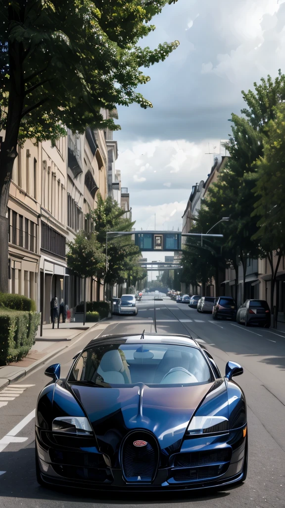 realisitic, Bugatti Veyron, parked, citys, buildings, trees and a cloudy sky