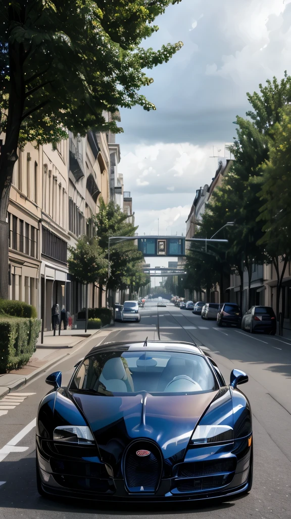 realisitic, Bugatti Veyron, parked, citys, buildings, trees and a cloudy sky
