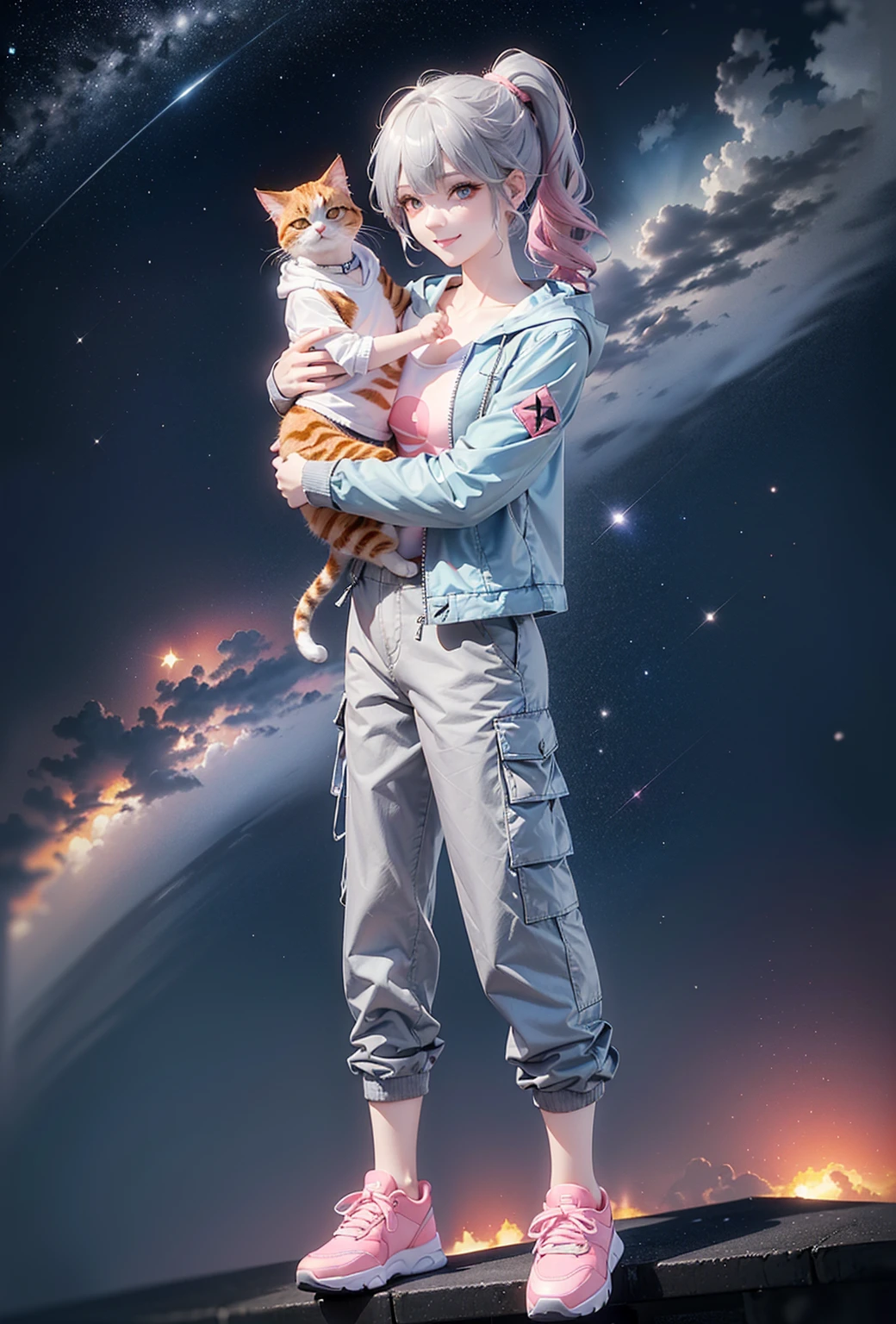 (((Holding a cute orange short-legged cat in both hands，Correct anatomy)))，((Highest quality，masterpiece，Full frontal view of a super mature and tall beauty，Air bangs，Blue gray high ponytail super long straight hair，Slightly curly hair on double sideburns，Hair ends curled in，Gray and pink short T-shirt，Light blue denim gray hooded jacket，Black and gray long and wide cargo pants，pink and white sneakers，Exposed clavicle))，((Mature and sexy，Smile slightly，Look at the camera head-on))，starry sky galaxy background