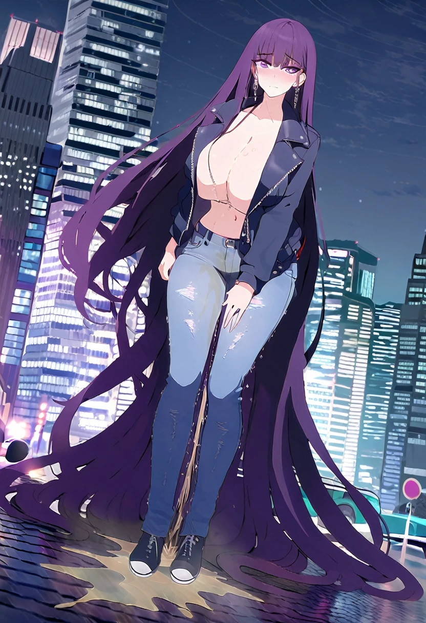 (masterpiece:1.37), best quality, (extremely detailed:1.37), woman, (very long hair:1.5), dark purple hair, purple eyes, (extremely detailed eyes:1.37), standing, (wetting self:2.0), large breasts, stylish jacket, multicolored jackt, jeans, cleavage, navel, city, high-tech, street, full body