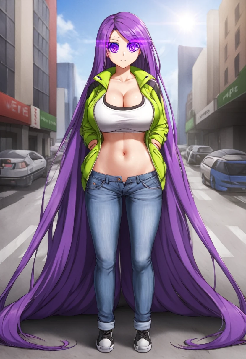 (masterpiece:1.37), best quality, (extremely detailed:1.37), woman, (very long hair:1.5), dark purple hair, purple eyes, (extremely detailed eyes:1.37), (wetting self:1.75), large breasts, stylish jacket, multicolored jackt, jeans, cleavage, navel, city, high-tech, street