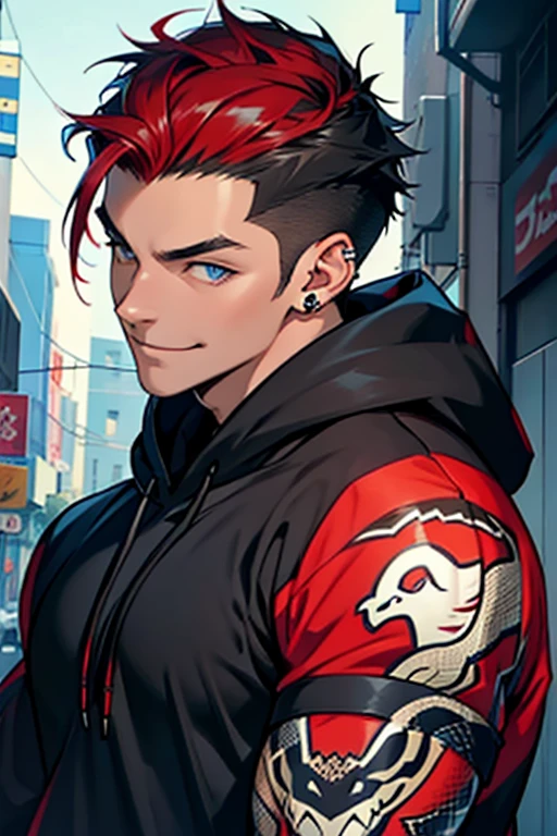 Handsome male with red black hair, low fade short hairstyle, blue eyes, black hoodie outfit, dancer, smiling, sexy pose, close up shot, young male, ear piercing, snake design, side view