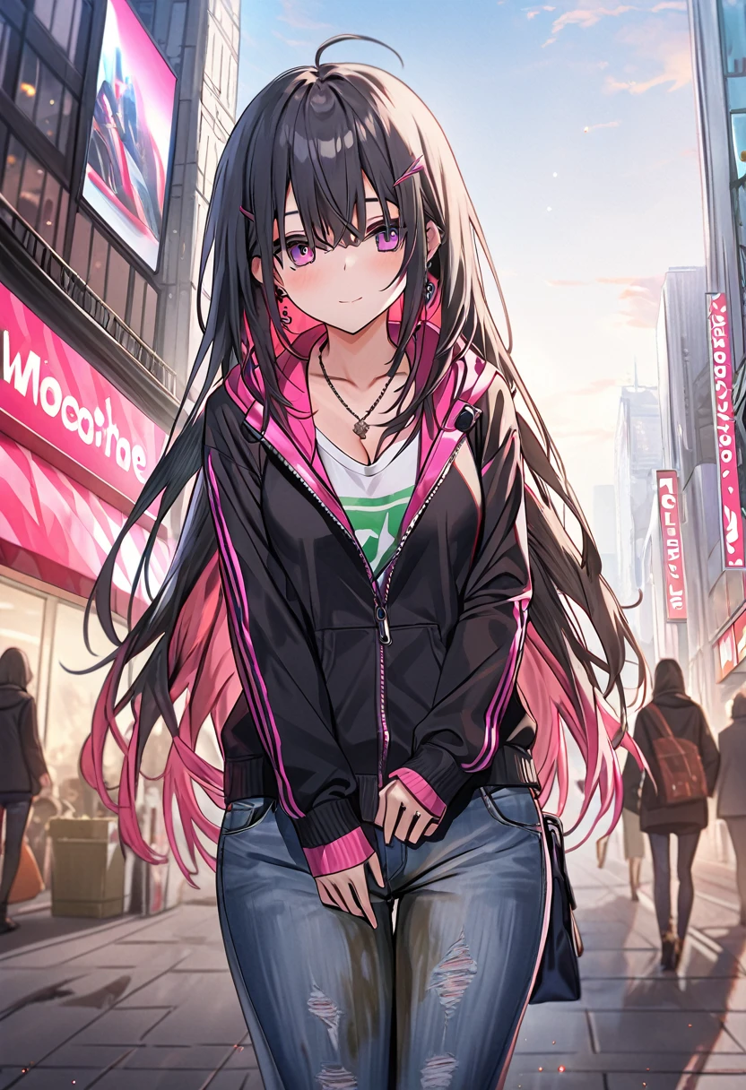 (masterpiece:1.37), best quality, (extremely detailed:1.37), woman, (very long hair:1.5), dark purple hair, purple eyes, (extremely detailed eyes:1.37), (wetting self:1.25), large breasts, stylish jacket, multicolored jackt, jeans, cleavage, navel, city, high-tech, street, full body