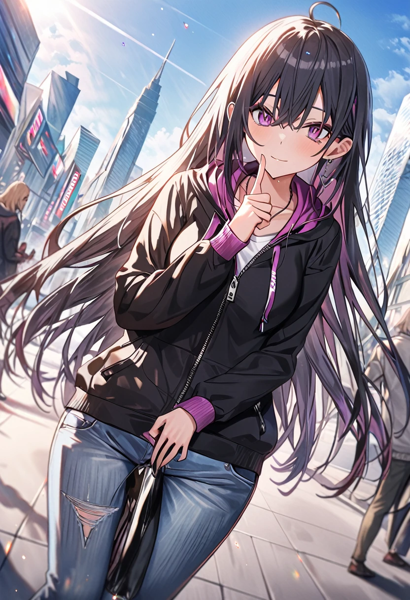 (masterpiece:1.37), best quality, (extremely detailed:1.37), woman, (very long hair:1.5), dark purple hair, purple eyes, (extremely detailed eyes:1.37), (wetting self:1.25), large breasts, stylish jacket, multicolored jackt, jeans, cleavage, navel, city, high-tech, street, full body