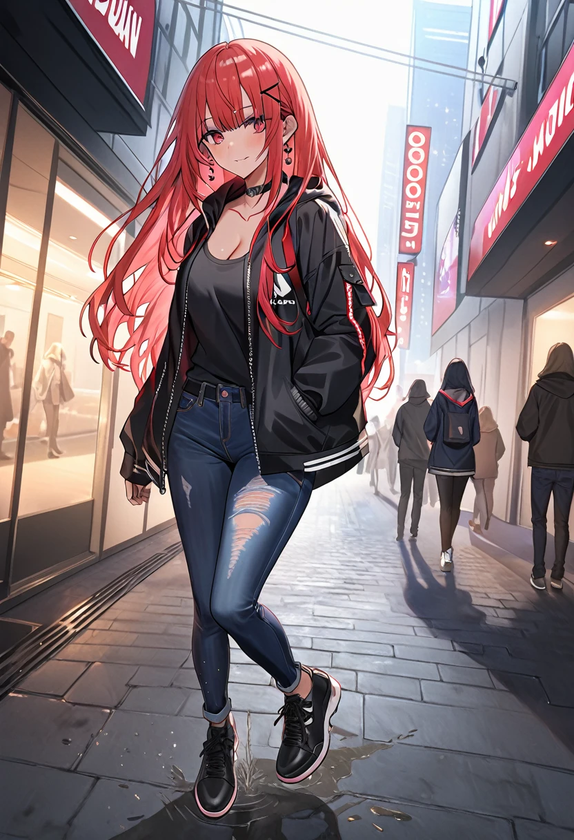 (masterpiece:1.37), best quality, (extremely detailed:1.37), woman, (very long hair:1.5), dark purple hair, purple eyes, (extremely detailed eyes:1.37), (wetting self:1.25), large breasts, stylish jacket, multicolored jackt, jeans, cleavage, navel, city, high-tech, street, full body