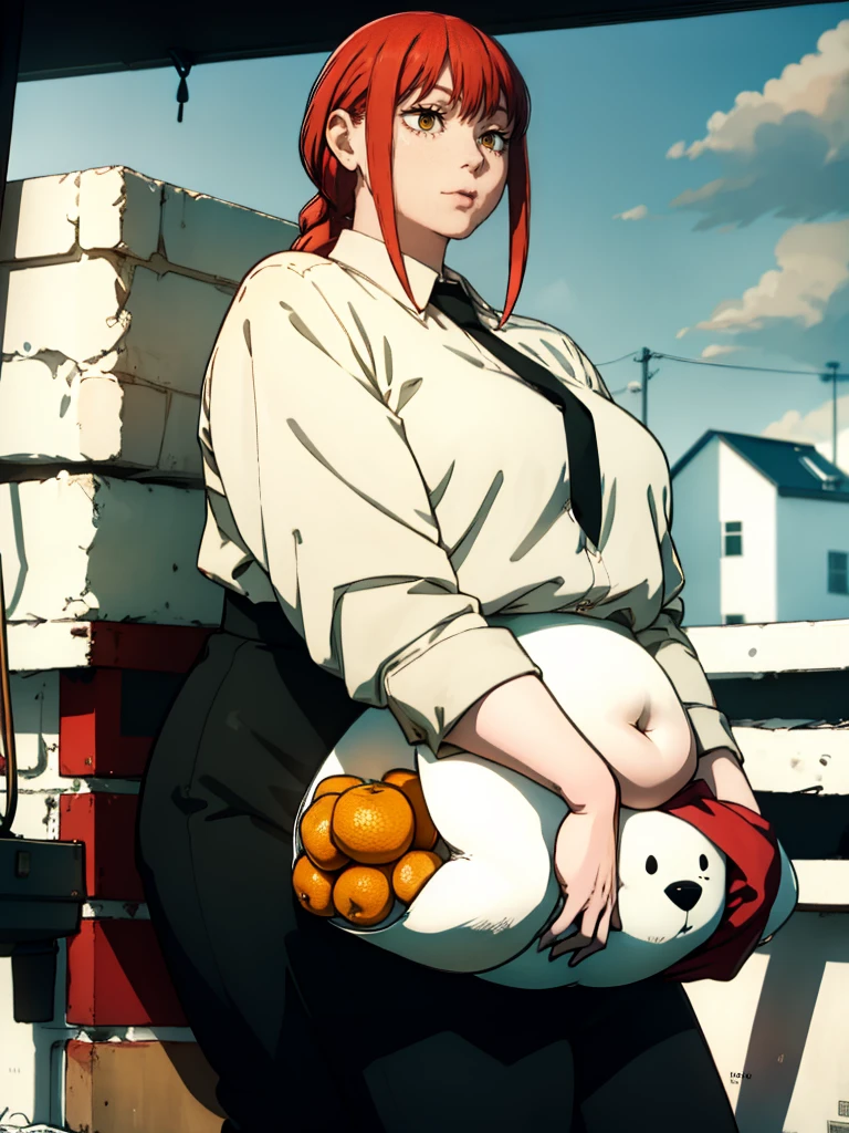 Le personnage Makima de la série animée Chainsaw Man, fragile, obésité morbide, ssbbw, pleine longueur (corps entier 1.1.), fond sombre, obscurité, anatomie correcte 1.1, anatomie correcte de la main, Très féminin, corps gras et rond, grosses Jambes, fesses, beau corps obèse, ventre rond et mou très gras visible, cheveux roux, Yeux oranges, Cercles rouges pour les écoliers, chemise blanche, jupe noire, cravate noire, pose sexy, réaliste, very détaillé, beau corps, détaillé body, détaillé hands, détaillé, vibrant, détaillé Face, Conception des personnages de Makima. very détaillé, détaillé body, détaillé hands, détaillé Face, Art animé, Hugh Détails, Visage très abattu, détaillé eyes, Illustration ultra fine, Meilleure ombre, détail fin, beautiful détaillé glow, beautiful détaillé, Extraordinairement beau, extremely détaillé, inexpressif, composition épique, Style animé. art animé, Style animé. Jupe noire, chemise blanche, cravatte, pose sexy. Visage gras et gros, joufflue, grosses joues, double menton 