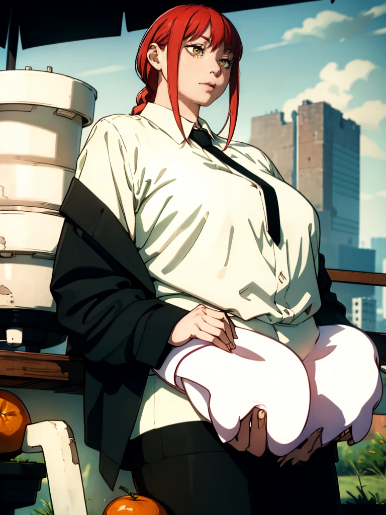 Le personnage Makima de la série animée Chainsaw Man, fragile, obésité morbide, ssbbw, pleine longueur (corps entier 1.1.), fond sombre, obscurité, anatomie correcte 1.1, anatomie correcte de la main, Très féminin, corps gras et rond, grosses Jambes, fesses, beau corps obèse, ventre rond et mou très gras visible, cheveux roux, Yeux oranges, Cercles rouges pour les écoliers, chemise blanche, jupe noire, cravate noire, pose sexy, réaliste, very détaillé, beau corps, détaillé body, détaillé hands, détaillé, vibrant, détaillé Face, Conception des personnages de Makima. very détaillé, détaillé body, détaillé hands, détaillé Face, Art animé, Hugh Détails, Visage très abattu, détaillé eyes, Illustration ultra fine, Meilleure ombre, détail fin, beautiful détaillé glow, beautiful détaillé, Extraordinairement beau, extremely détaillé, inexpressif, composition épique, Style animé. art animé, Style animé. Jupe noire, chemise blanche, cravatte, pose sexy. Visage gras et gros, joufflue, grosses joues, double menton