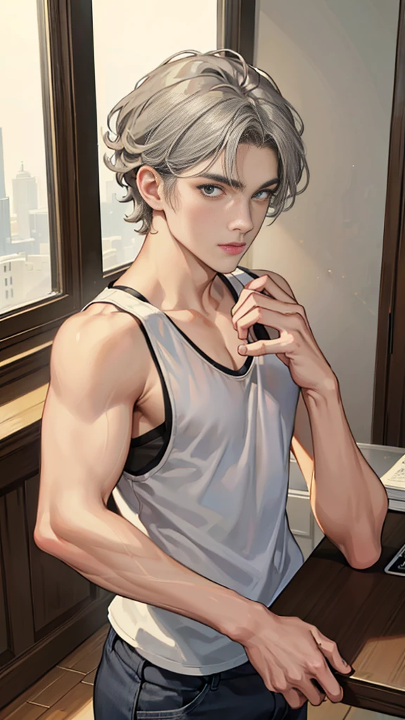 8K, Highest quality, masterpiece, Ultra-high resolution, study room, 1 male, male face, sanpak eyes, looking at viewer, looking up, natural pose, short hair, wavy hair, shiny hair, gray hair, Tank top