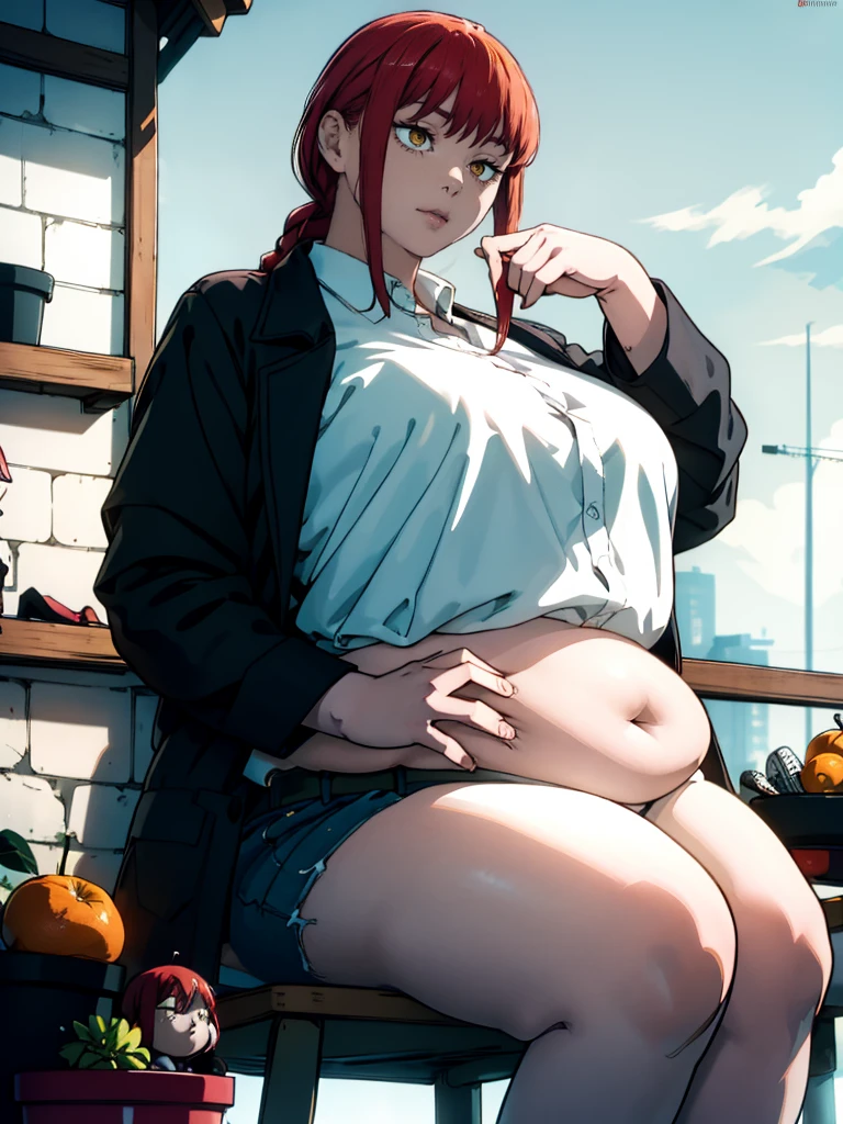 Le personnage Makima de la série animée Chainsaw Man, fragile, obésité morbide, ssbbw, pleine longueur (corps entier 1.1.), fond sombre, obscurité, anatomie correcte 1.1, anatomie correcte de la main, Très féminin, corps gras et rond, grosses Jambes, fesses, beau corps obèse, ventre rond et mou très gras, cheveux roux, Yeux oranges, Cercles rouges pour les écoliers, chemise blanche, jupe noire, cravate noire, pose sexy, réaliste, very détaillé, beau corps, détaillé body, détaillé hands, détaillé, vibrant, détaillé Face, Conception des personnages de Makima. very détaillé, détaillé body, détaillé hands, détaillé Face, Art animé, Hugh Détails, Visage très abattu, détaillé eyes, Illustration ultra fine, Meilleure ombre, détail fin, beautiful détaillé glow, beautiful détaillé, Extraordinairement beau, extremely détaillé, inexpressif, composition épique, Style animé. art animé, Style animé. Jupe noire, chemise blanche, cravatte, pose sexy, visage très bouffi, visage gras, double menton, visage obèse, grosses joues, gros cou, visage de femme obese, joufflue, visage bbw